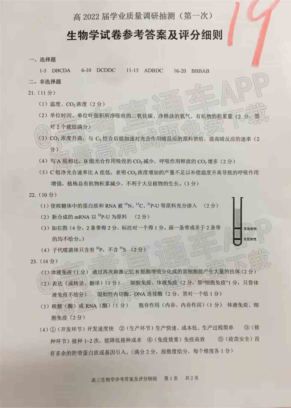 2022年重庆一诊试卷答案汇总（含主城区、康德卷所有科目）
