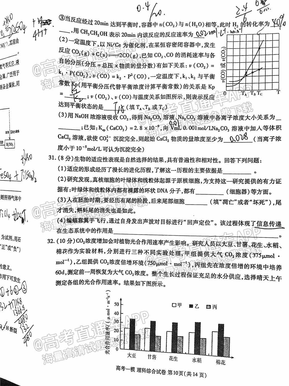 2022九江一模各科试题及参考答案汇总（全科目汇总）