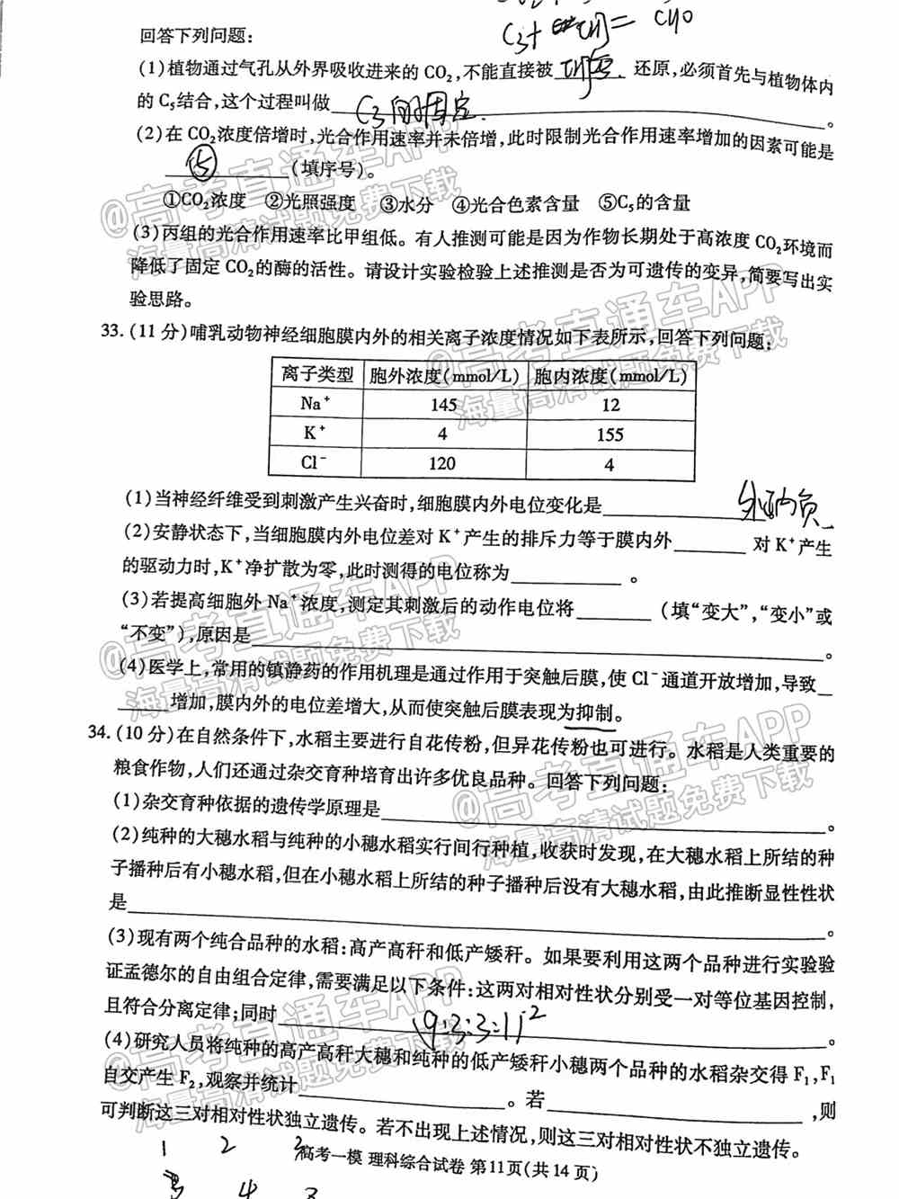 2022九江一模各科试题及参考答案汇总（全科目汇总）