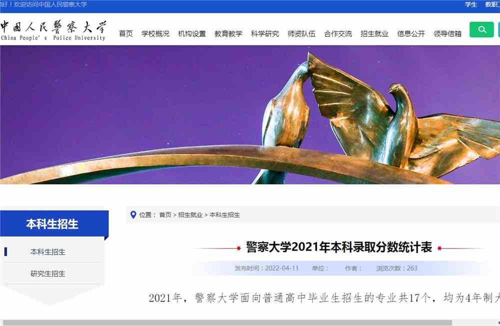 中国人民警察大学2021年本科录取分数统计表