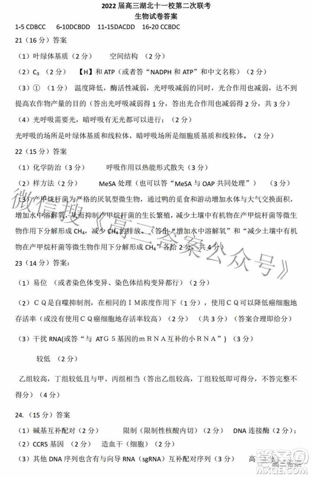 2022届高三湖北十一校第二次联考生物试题及答案
