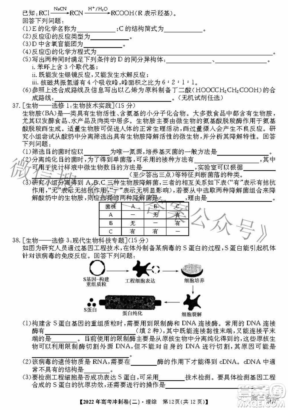 2022年高考冲刺卷二理科综合试题及答案