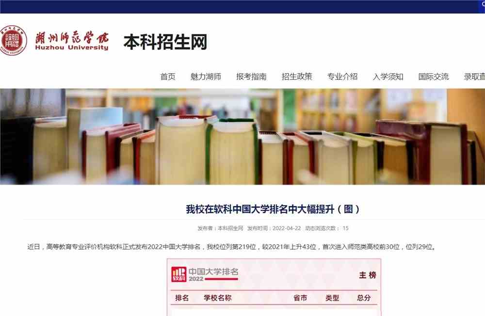 湖州师范学院在软科中国大学排名中大幅提升（图）