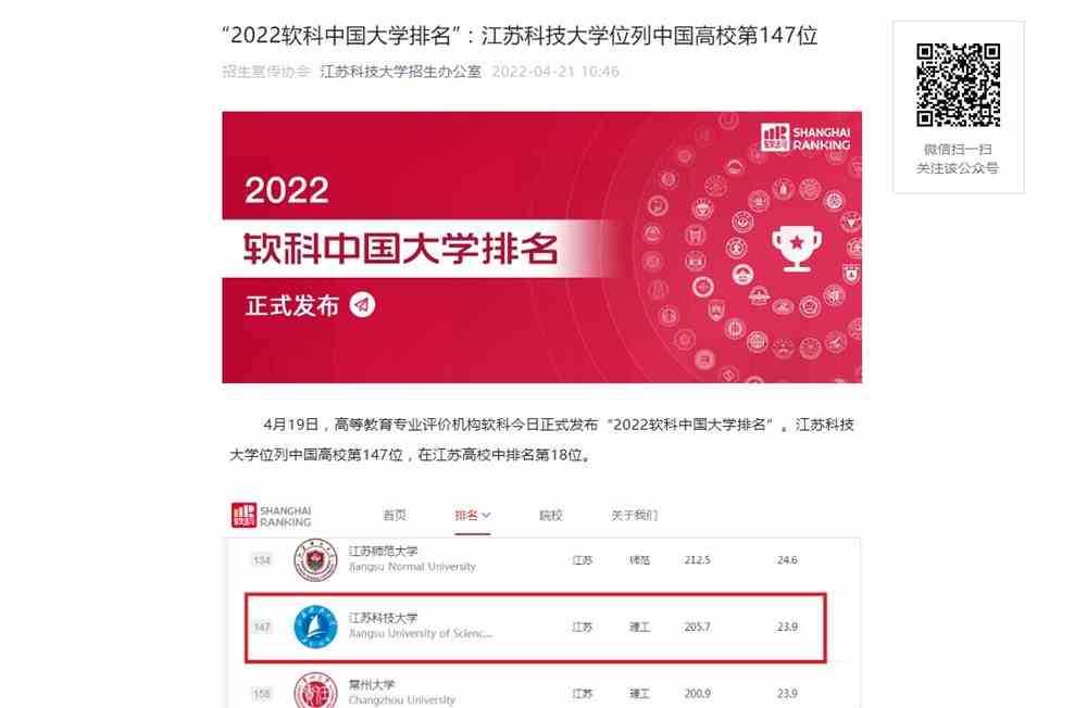 “2022软科中国大学排名”：江苏科技大学位列中国高校第147位