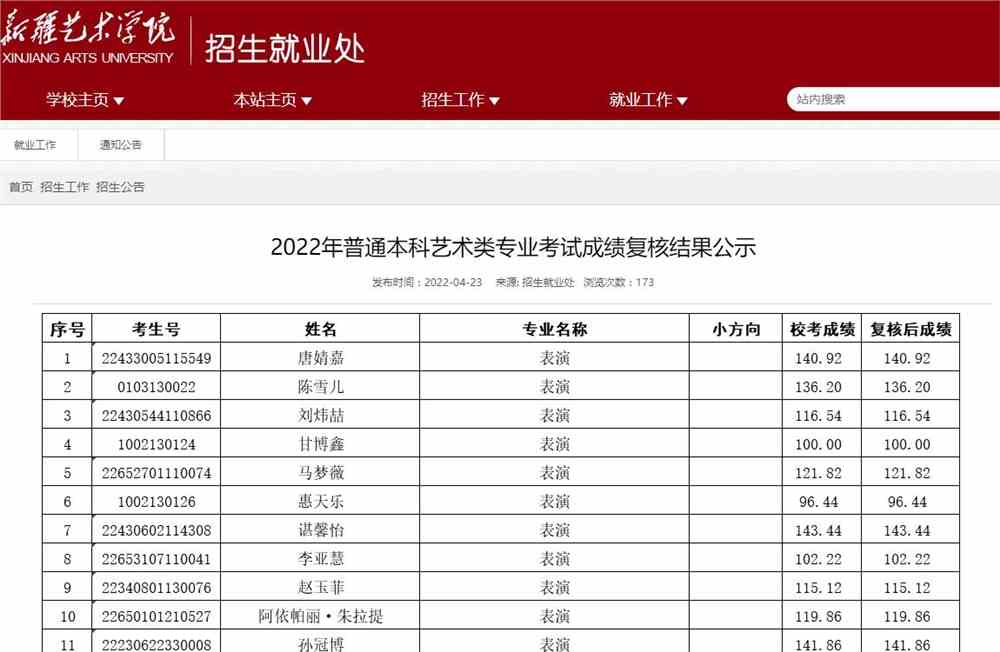 新疆艺术学院2022年普通本科艺术类专业考试成绩复核结果公示