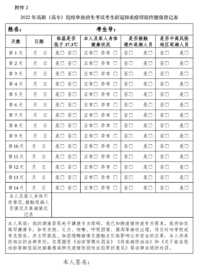 2022年高职(高专)院校单独招生考试考生新冠肺炎疫情防控健康登记表