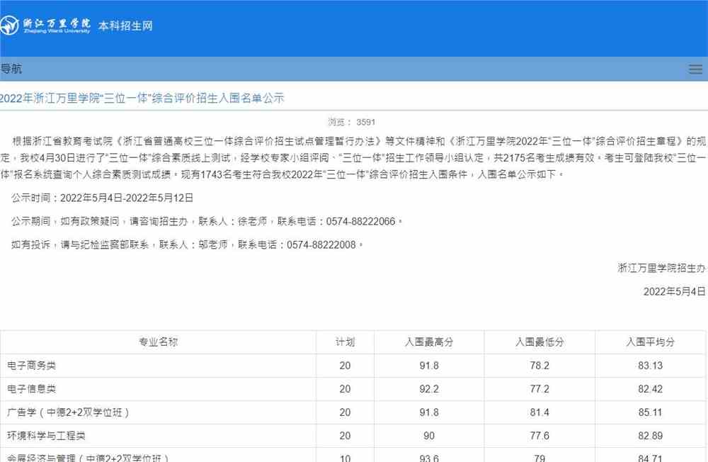 2022年浙江万里学院“三位一体”综合评价招生拟入围名单公示