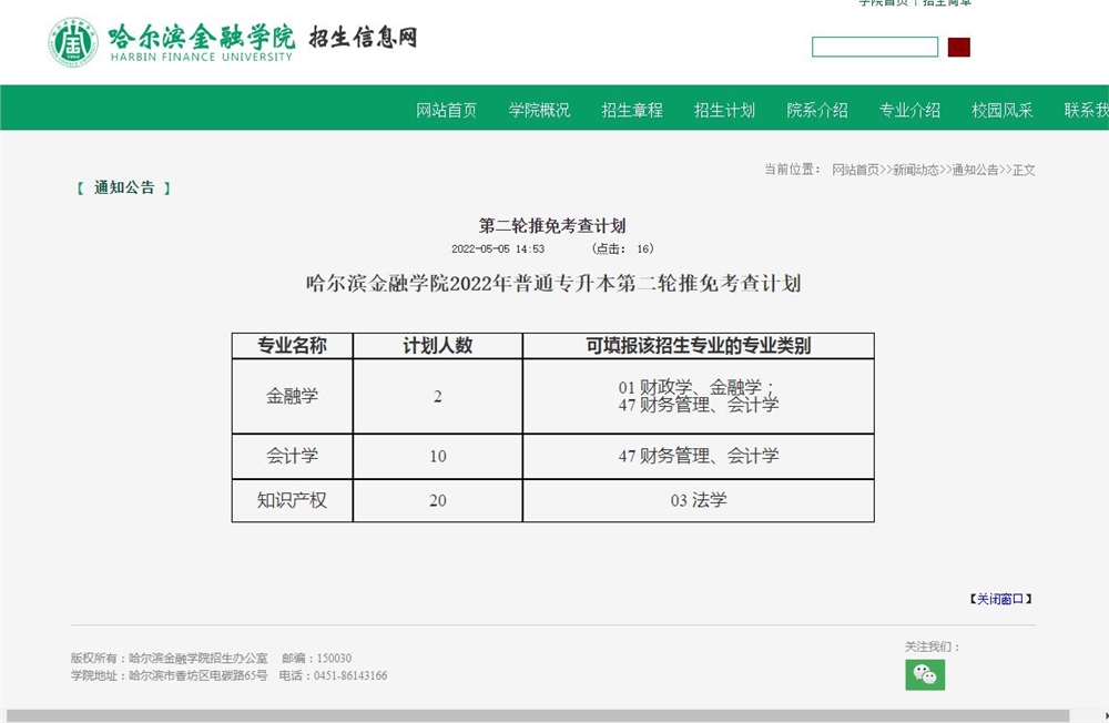 哈尔滨金融学院第二轮推免考查计划
