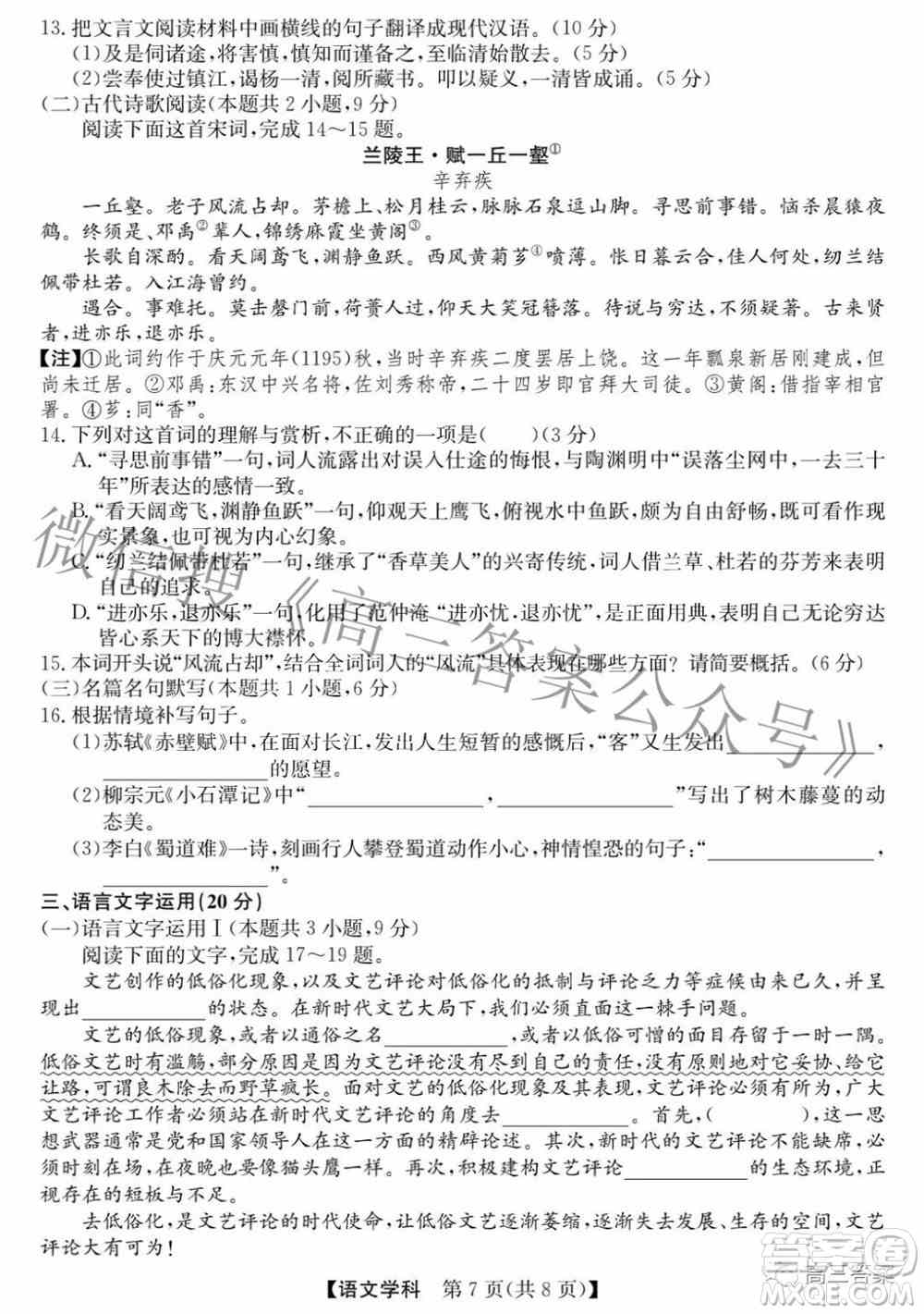 安徽省2022年高考考前适应性考试语文试题及答案