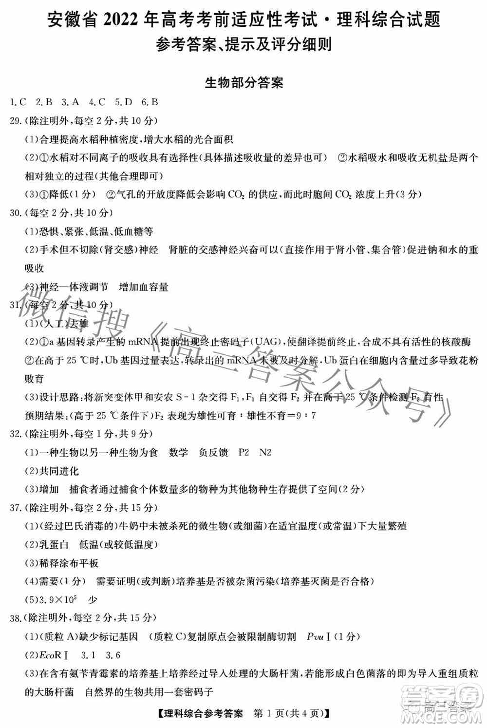 安徽省2022年高考考前适应性考试理科综合试题及答案