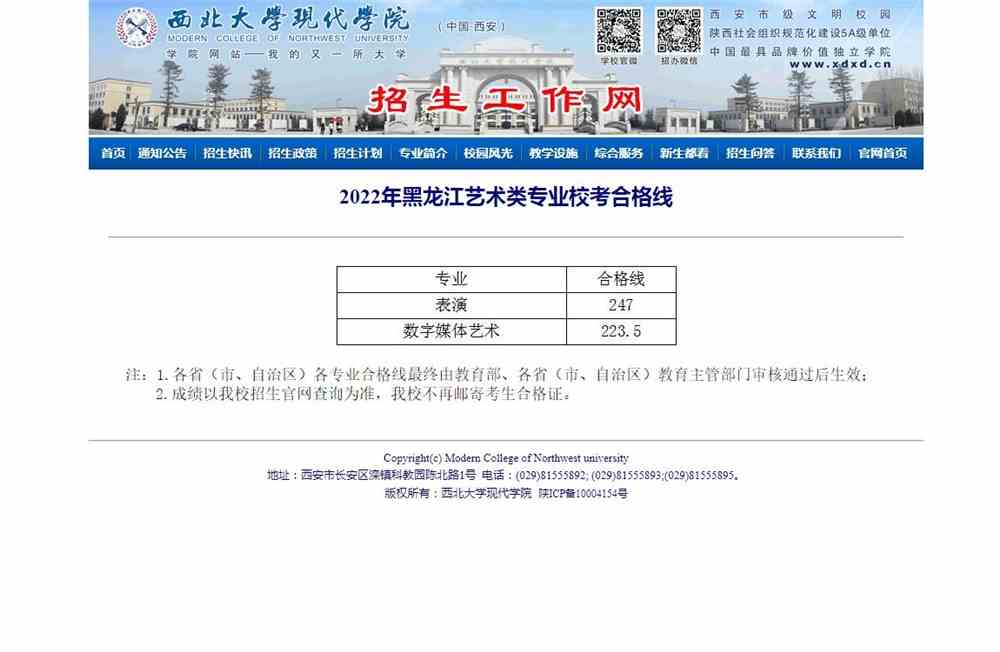 西北大学现代学院2022年黑龙江艺术类专业校考合格线