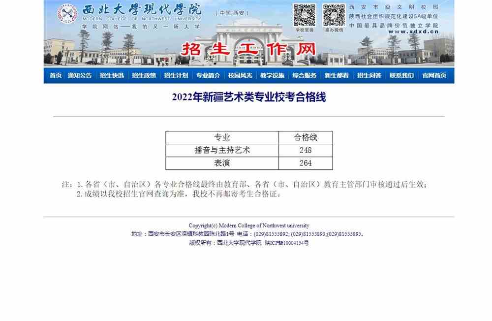 西北大学现代学院2022年新疆艺术类专业校考合格线