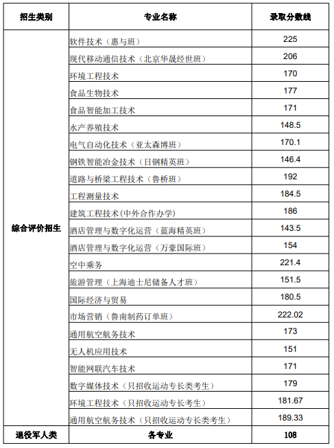 2022年退役军人类和综合评价招生各专业录取分数线