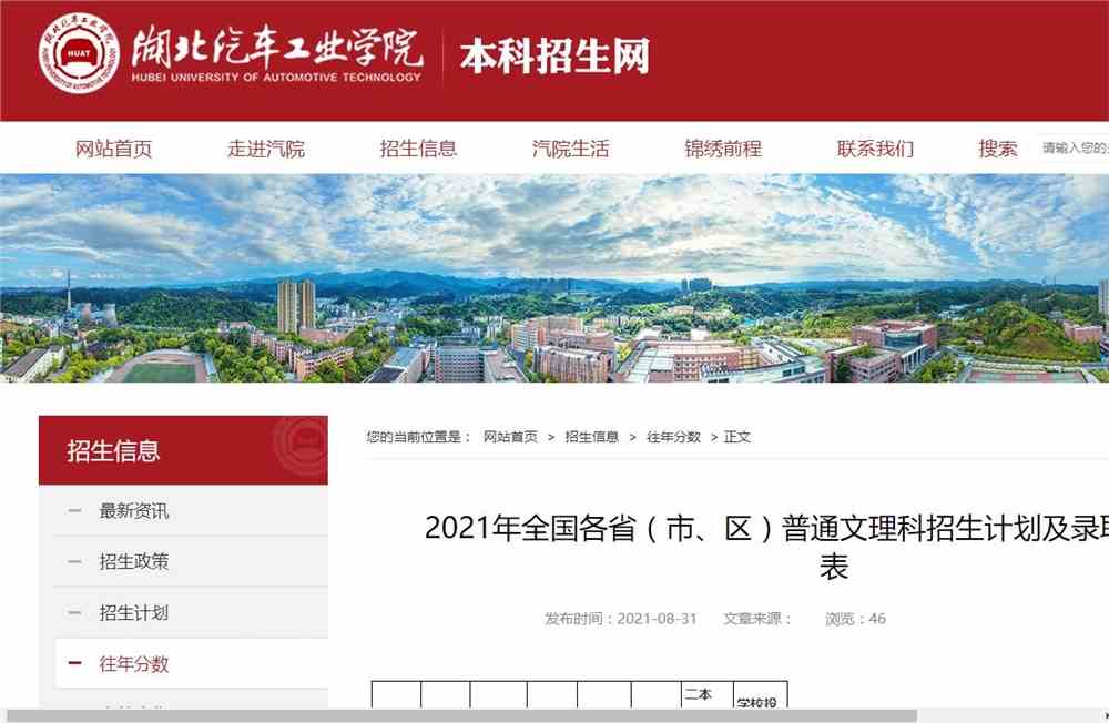 湖北汽车工业学院2021年全国各省（市、区）普通文理科招生计划及录取分数一览表