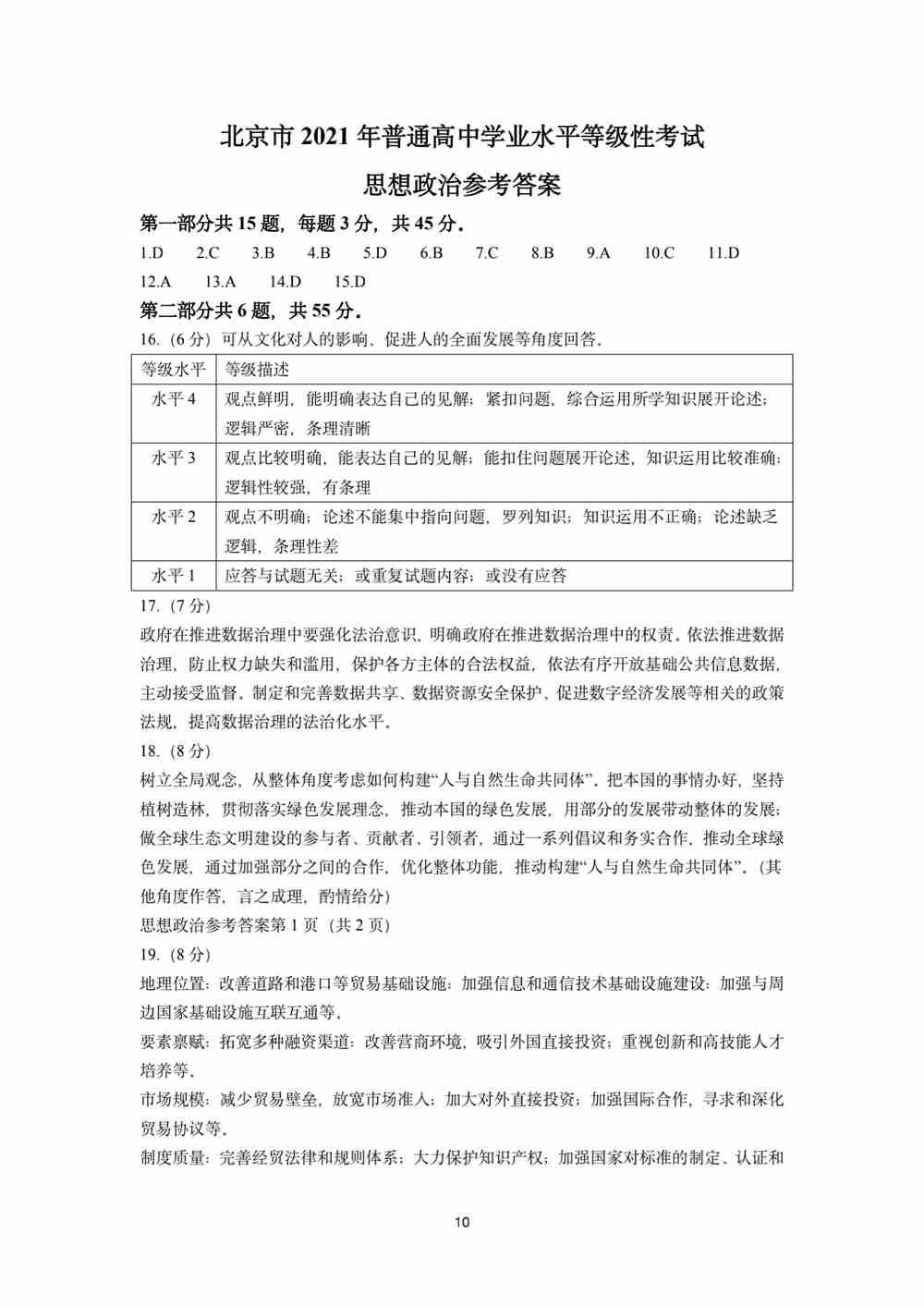 北京2021年<a href='/zhuanti/zhengzhi/'>高考政治</a>试题答案｜2021<a href='/zhuanti/beijing/'>北京高考</a>政治试卷答案