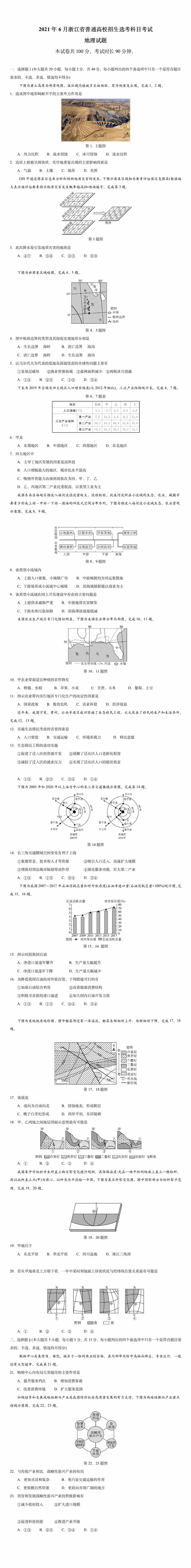 2021高考浙江卷地理试题｜浙江2021<a href='/zhuanti/dili/'>高考地理</a>真题下载