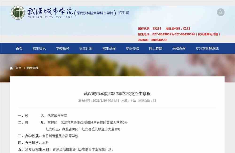 武汉城市学院2022年艺术类招生章程