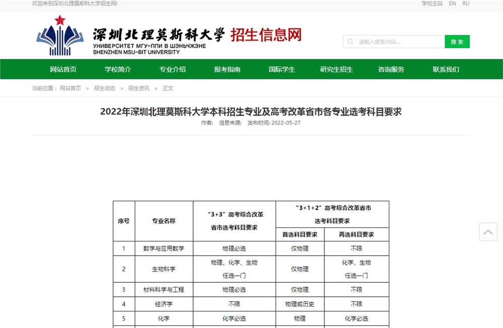 2022年深圳北理莫斯科大学本科招生专业及高考改革省市各专业选考科目要求