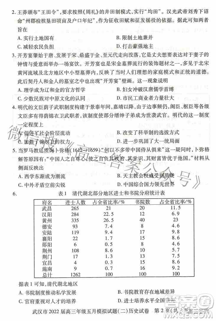 武汉市2022届高三年级五月模拟试题二历史试题及答案