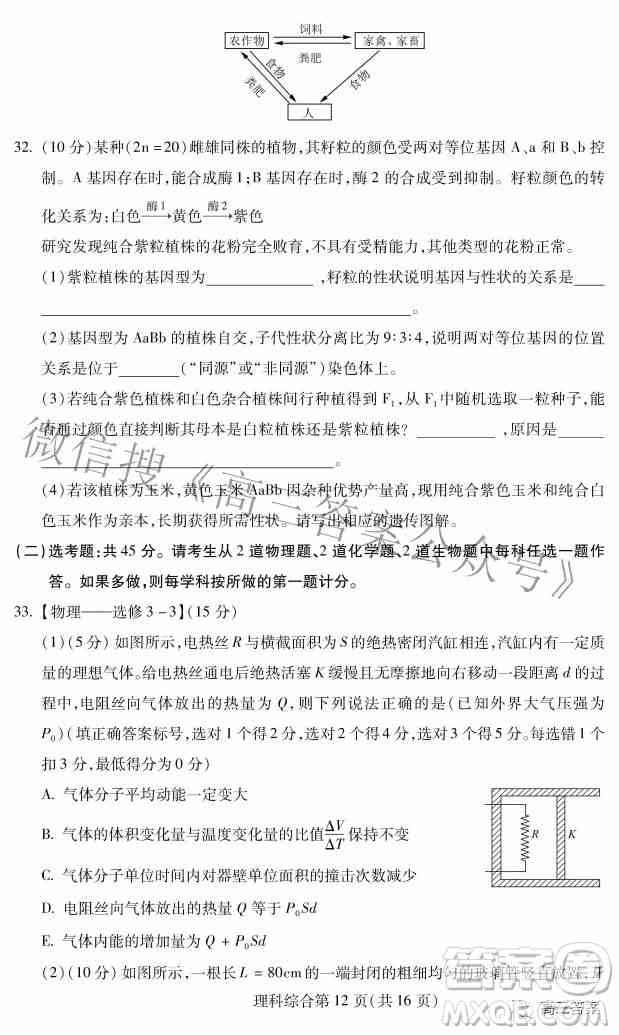 2022年东北三省四市教研联合体高考模拟试卷二理科综合试题及答案