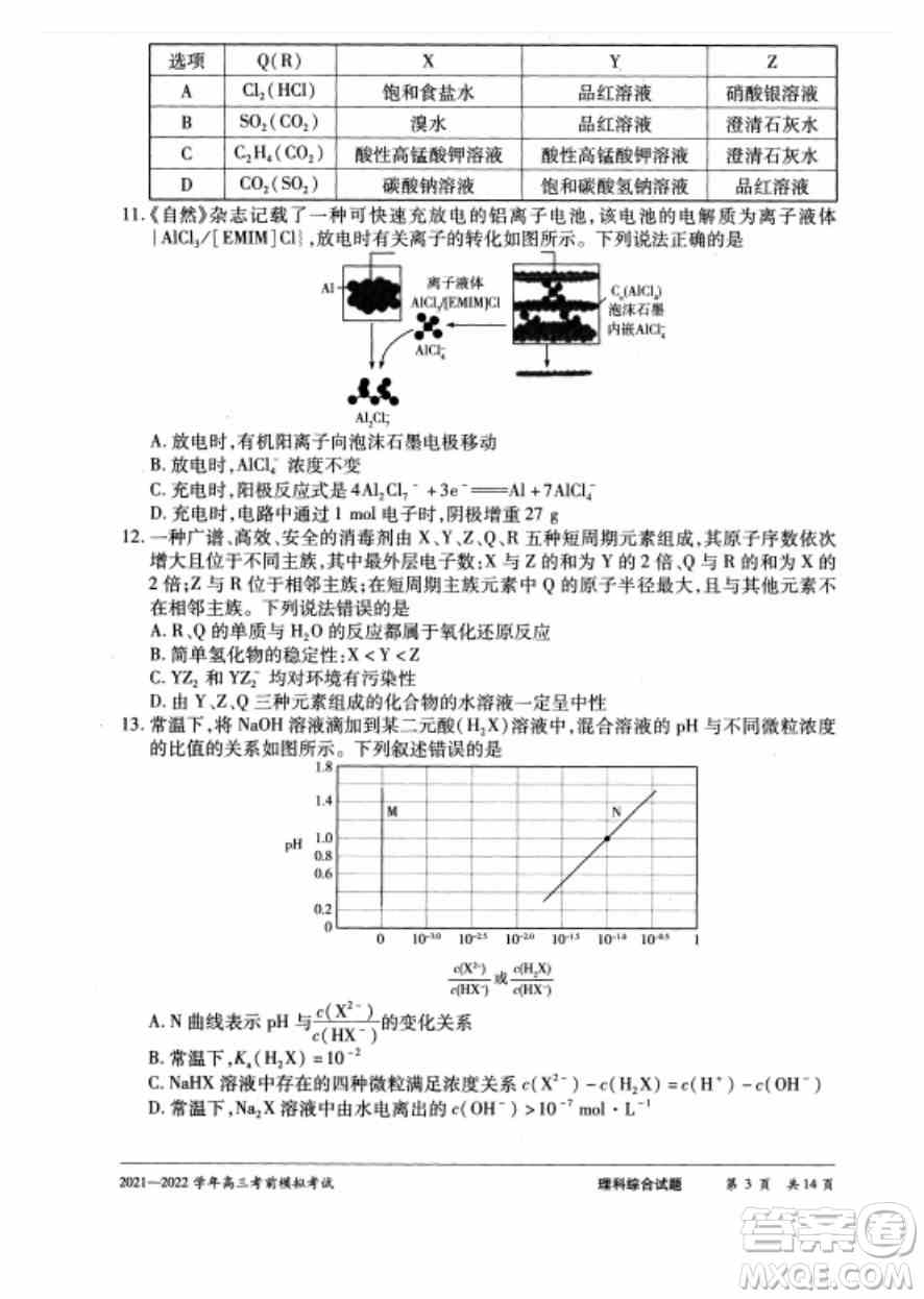 天一大联考2021-2022学年高三考前模拟考试理科综合试题及答案