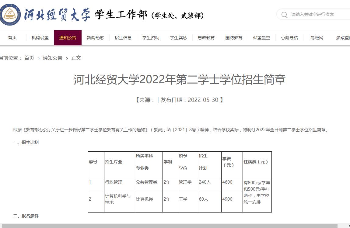 河北经贸大学2022年第二学士学位招生简章