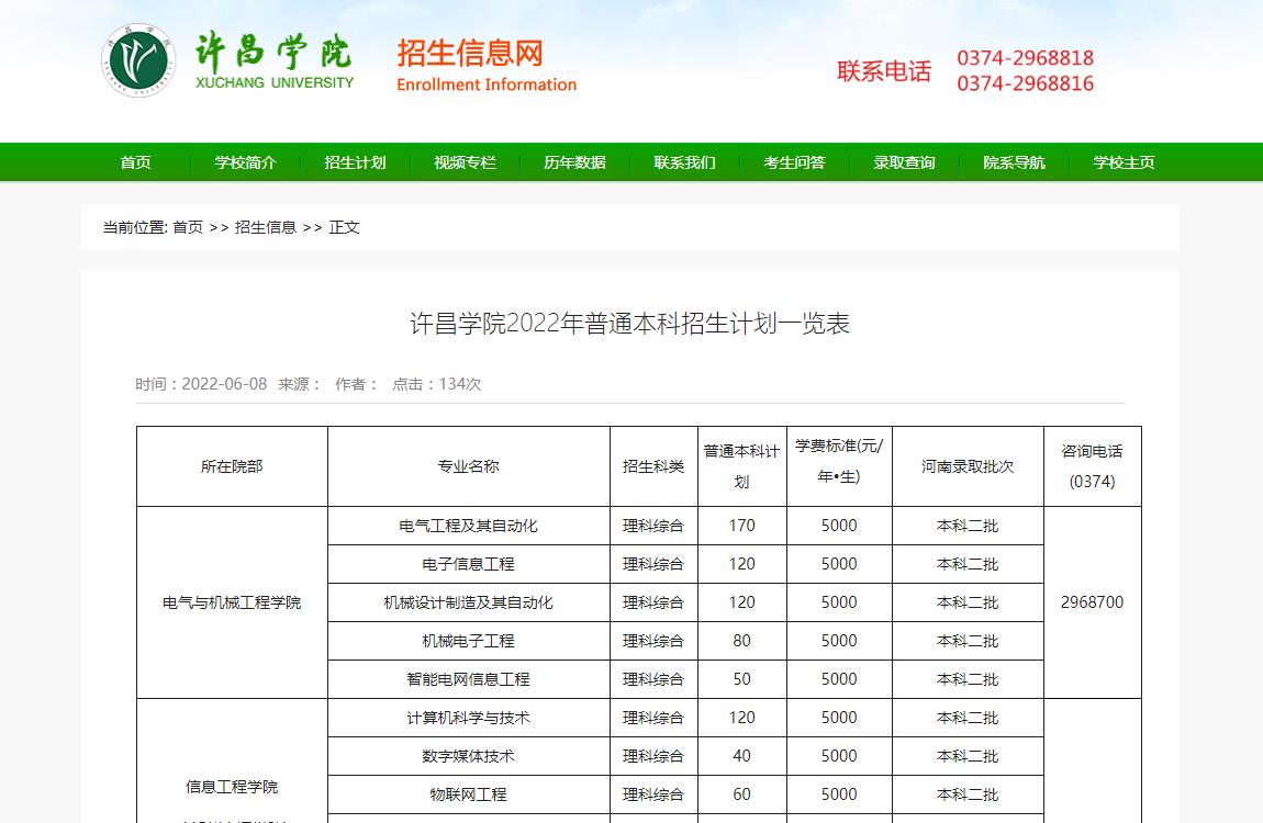 许昌学院2022年普通本科招生计划一览表