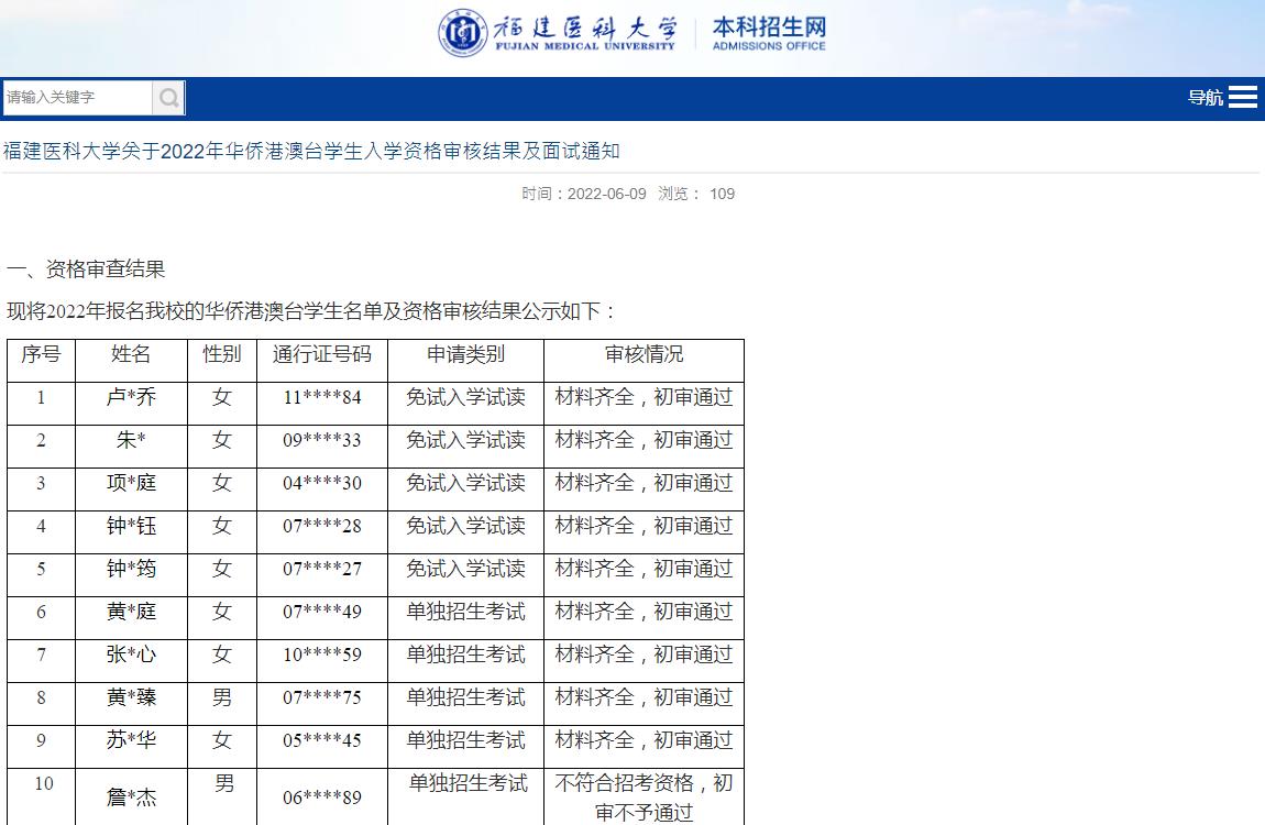 福建医科大学关于2022年华侨港澳台学生入学资格审核结果及面试通知