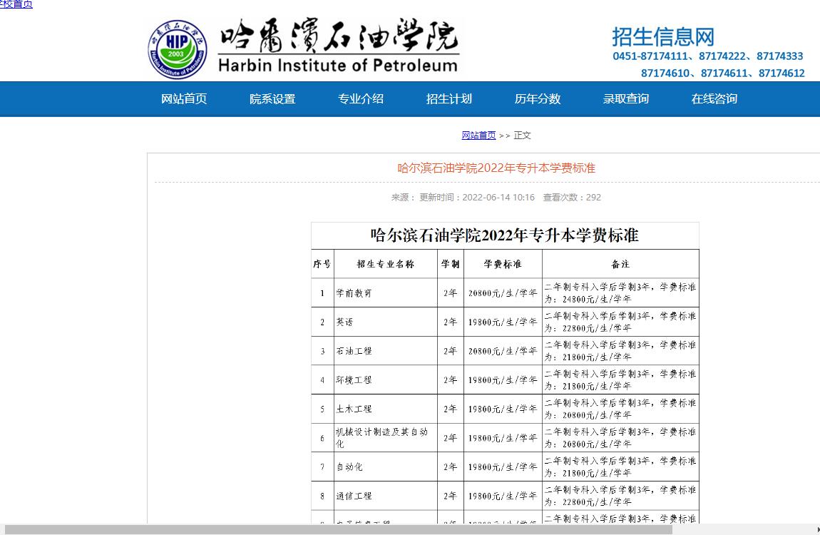 哈尔滨石油学院2022年专升本学费标准