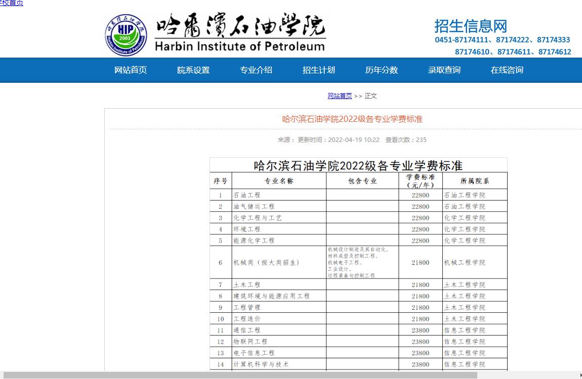 哈尔滨石油学院2022级各专业学费标准