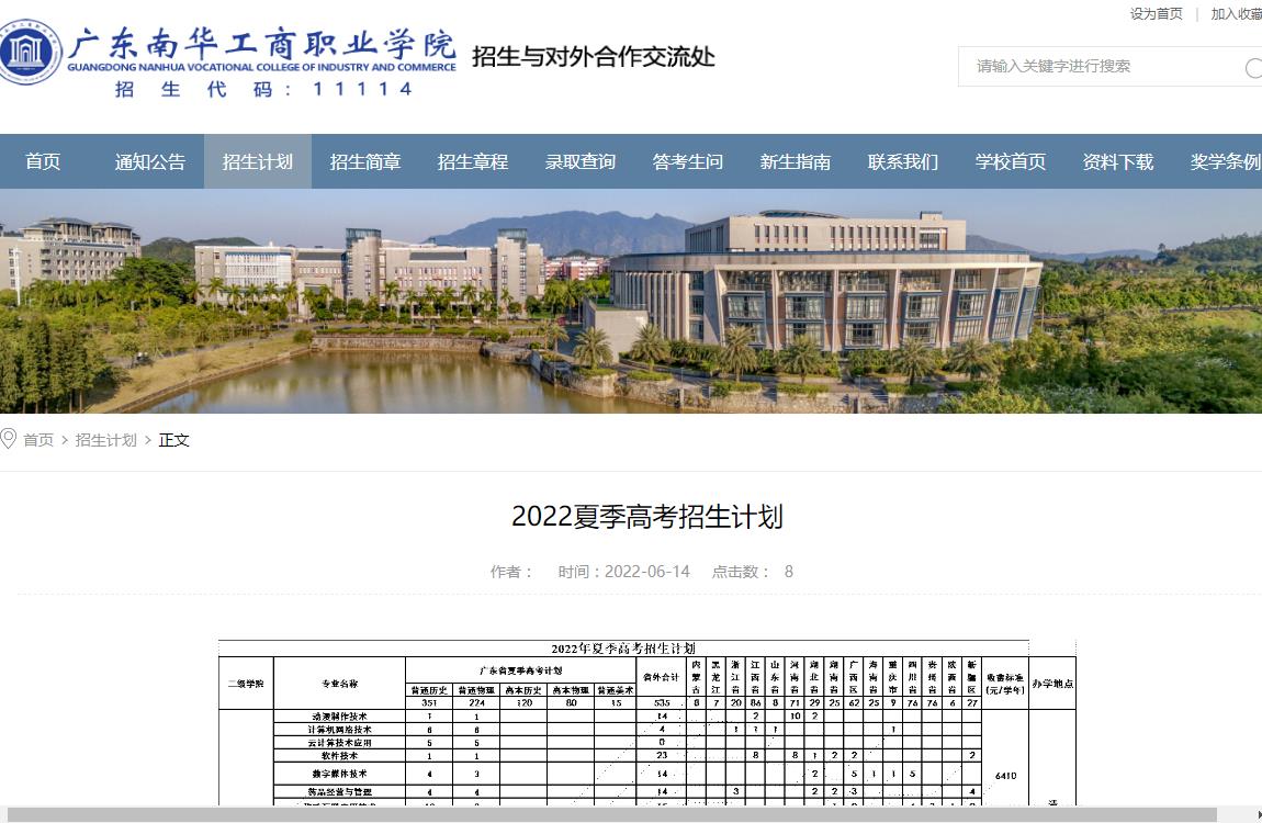 广东南华工商职业学院夏季高考招生计划