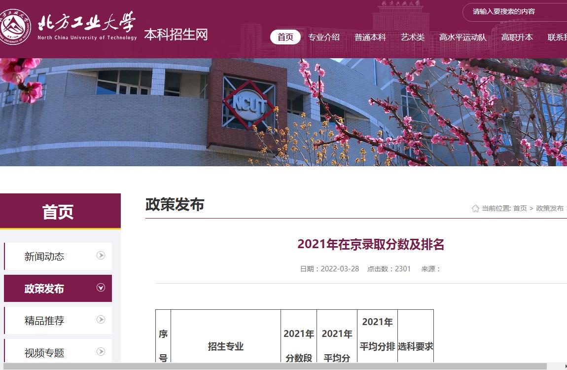 北方工业大学2021年在京录取分数及排名