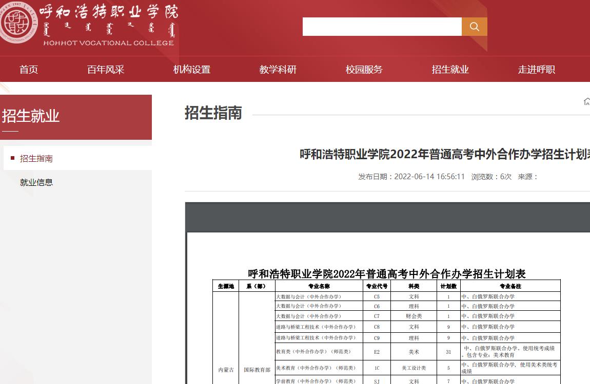 呼和浩特职业学院2022年普通高考中外合作办学招生计划