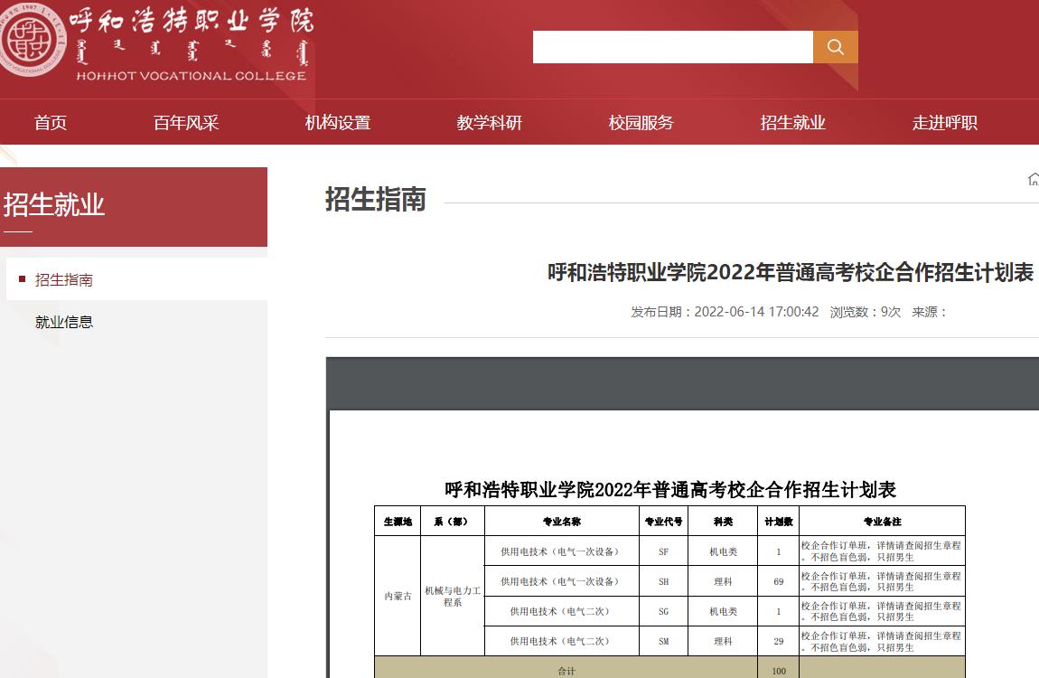 呼和浩特职业学院2022年普通高考校企合作招生计划