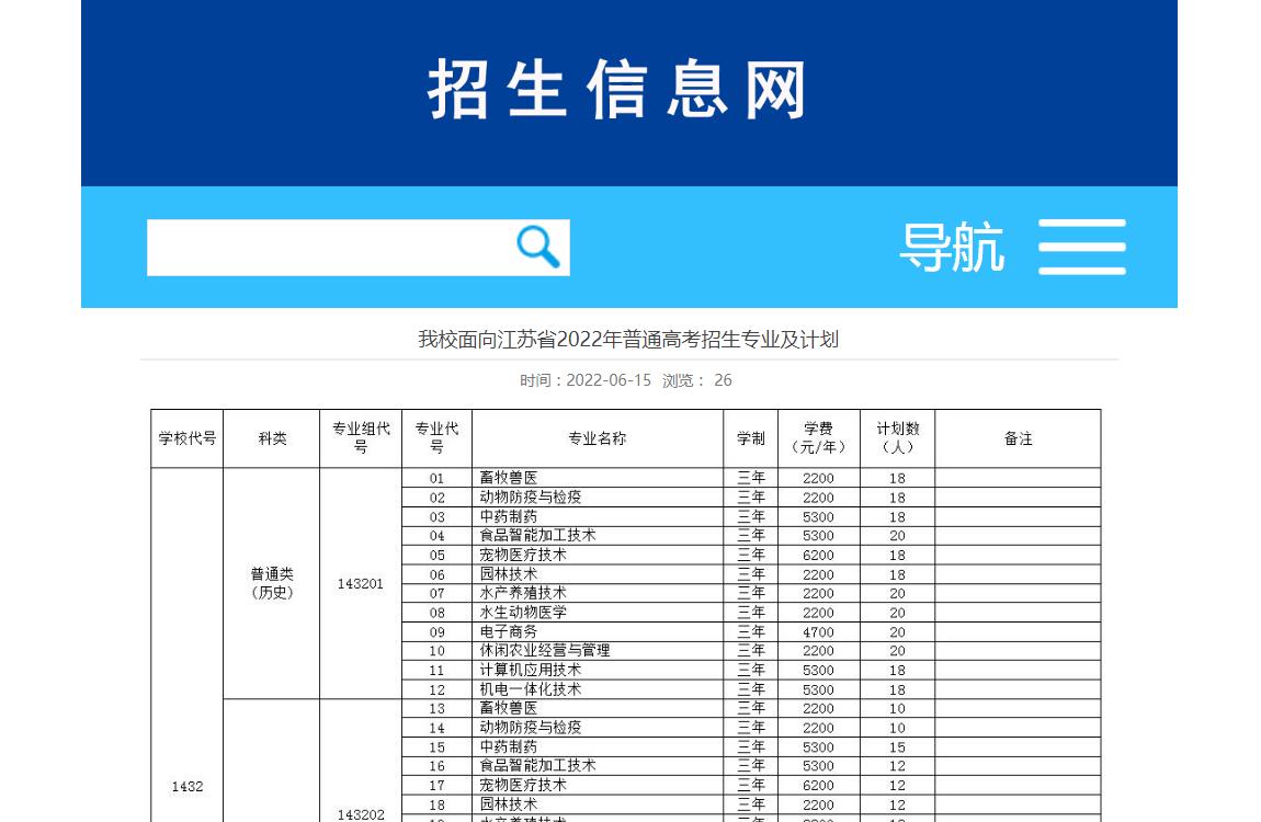 江苏农牧科技职业学院在江苏省2022年普通高考招生专业及计划