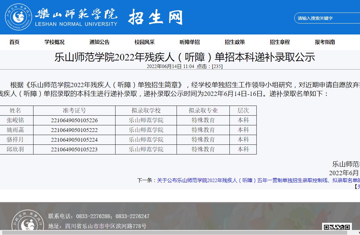 乐山师范学院2022年残疾人（听障）单招本科递补录取公示