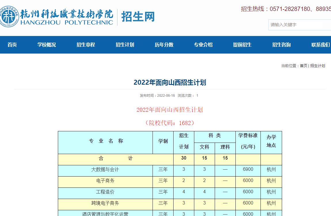 杭州科技职业技术学院2022年面向山西招生计划