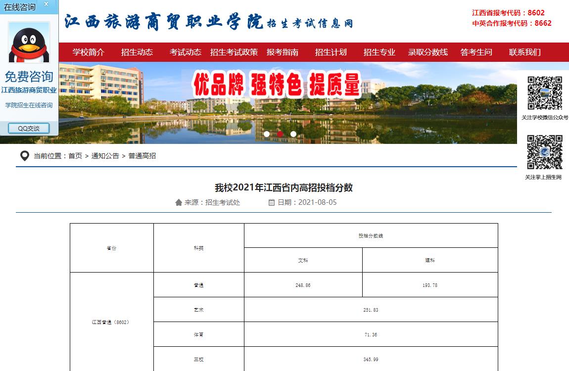 江西旅游商贸职业学院我校2021年江西省内高招投档分数