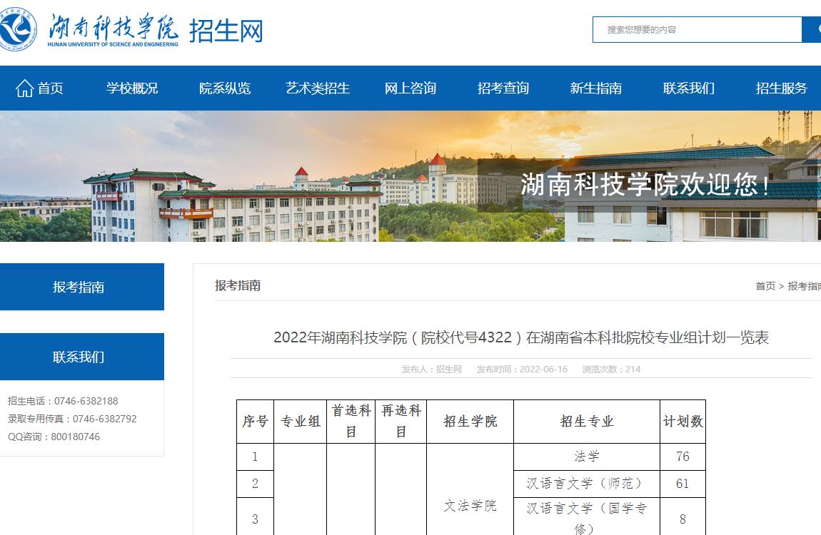 2022年湖南科技学院在湖南省本科批院校专业组计划