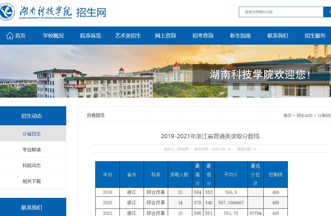湖南科技学院2019-2021年浙江省普通类录取分数线