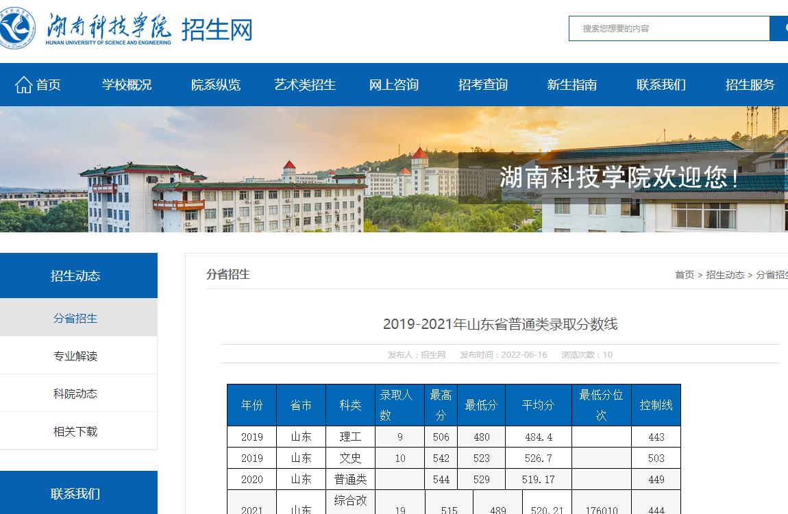 湖南科技学院2019-2021年山东省普通类录取分数线