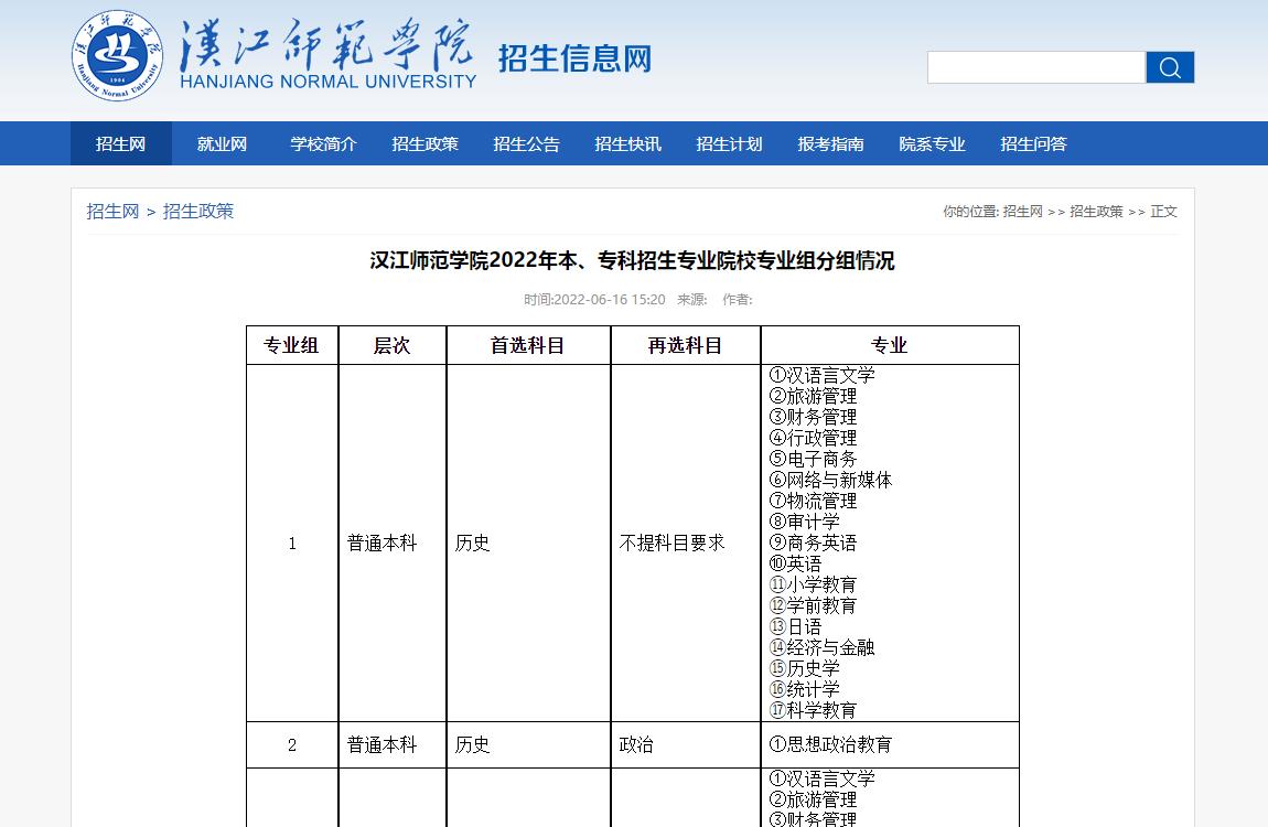 汉江师范学院2022年本、专科招生专业院校专业组分组情况