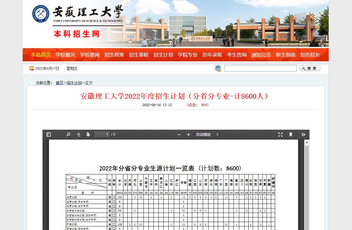 安徽理工大学2022年度分省分专业招生计划