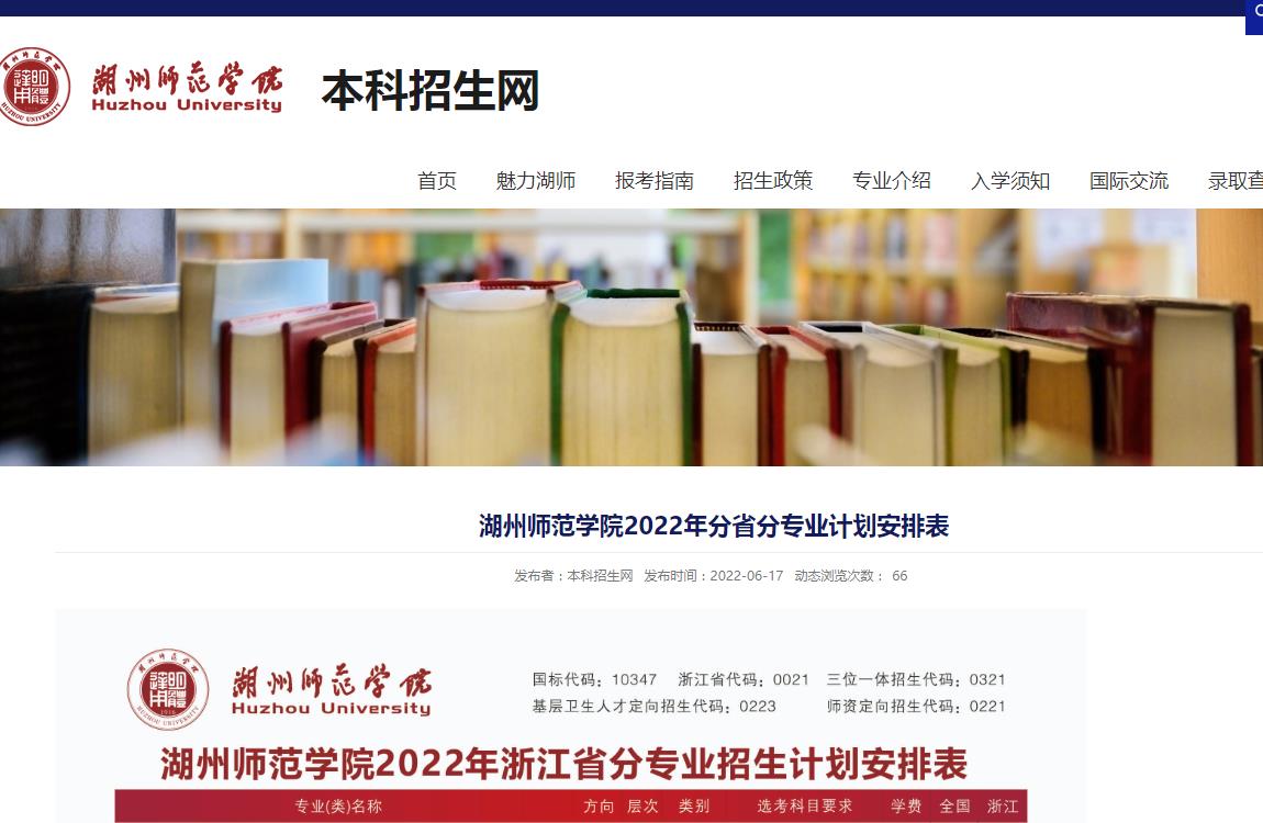 湖州师范学院2022年分省分专业计划安排表