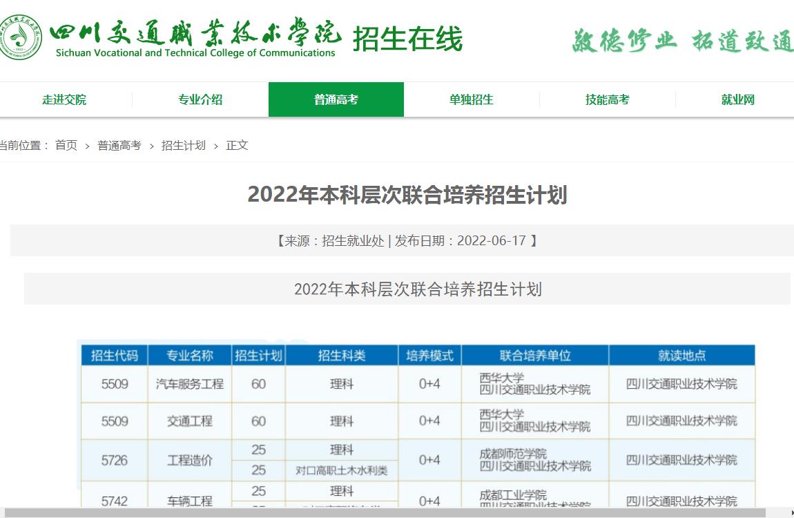 四川交通职业技术学院2022年本科层次联合培养招生计划