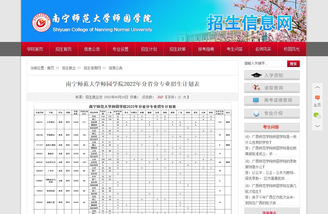 南宁师范大学师园学院2022年分省分专业招生计划