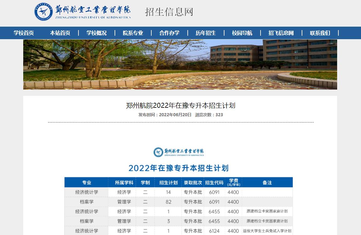 郑州航空工业管理学院2022年在豫专升本招生计划