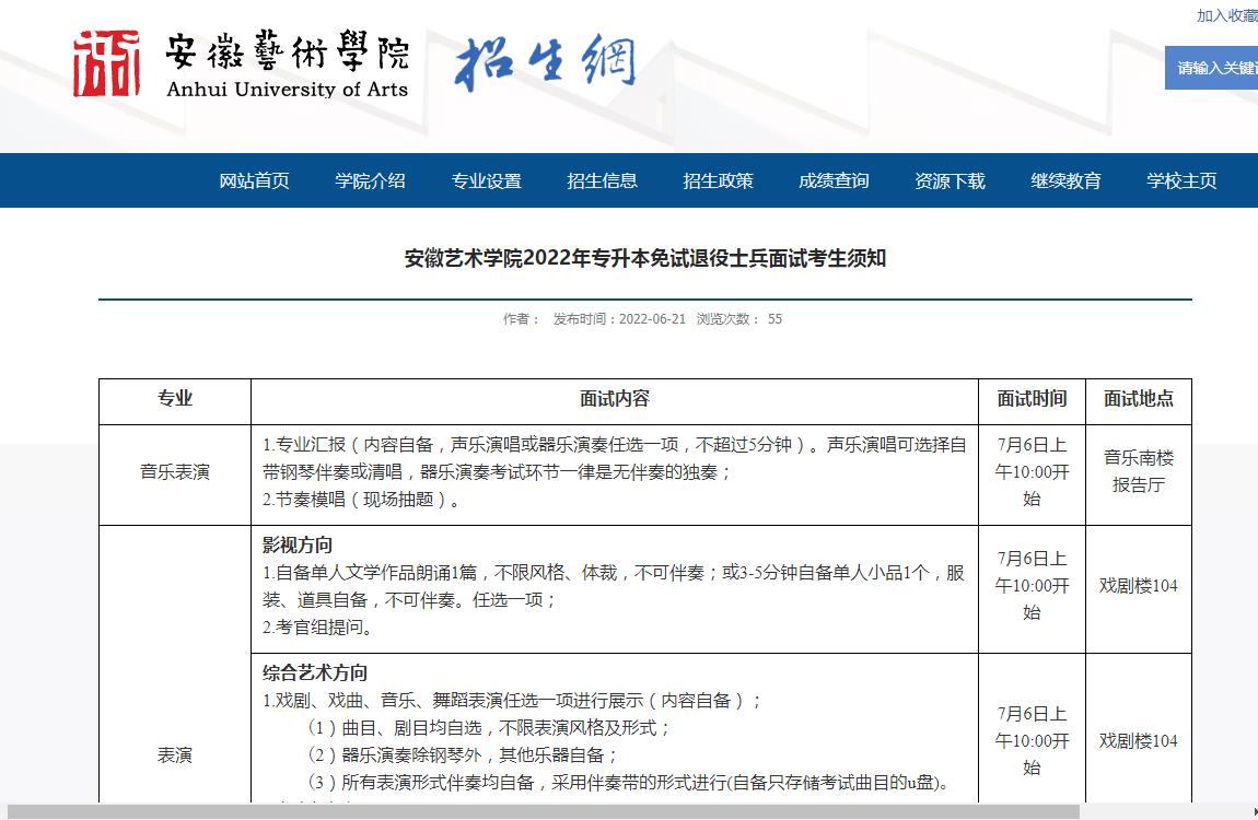 安徽艺术学院2022年专升本免试退役士兵面试考生须知