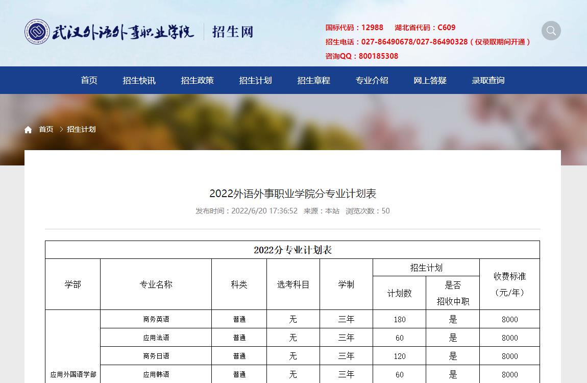 2022武汉外语外事职业学院分专业计划表