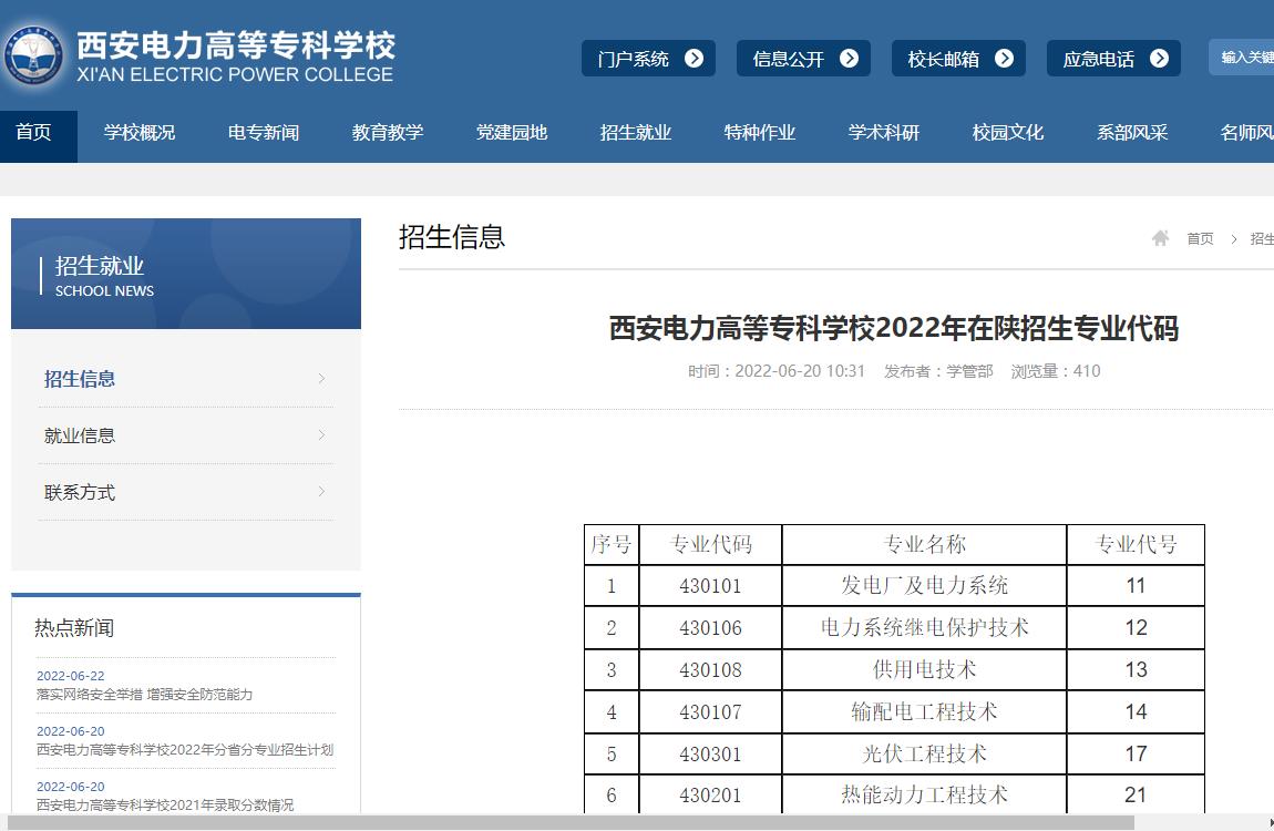西安电力高等专科学校2022年在陕招生专业代码